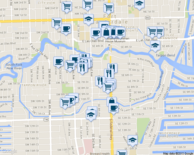 map of restaurants, bars, coffee shops, grocery stores, and more near 644 Southeast 4th Avenue in Fort Lauderdale