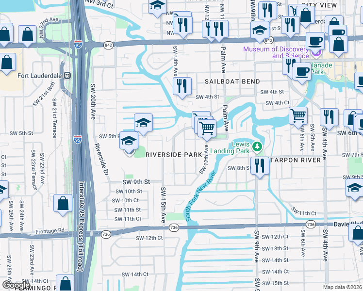 map of restaurants, bars, coffee shops, grocery stores, and more near 623 Southwest 14th Avenue in Fort Lauderdale