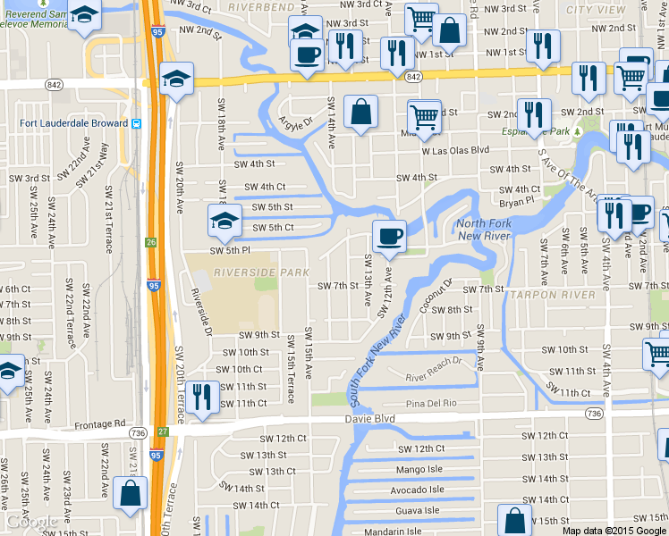 map of restaurants, bars, coffee shops, grocery stores, and more near 623 Southwest 14th Avenue in Fort Lauderdale