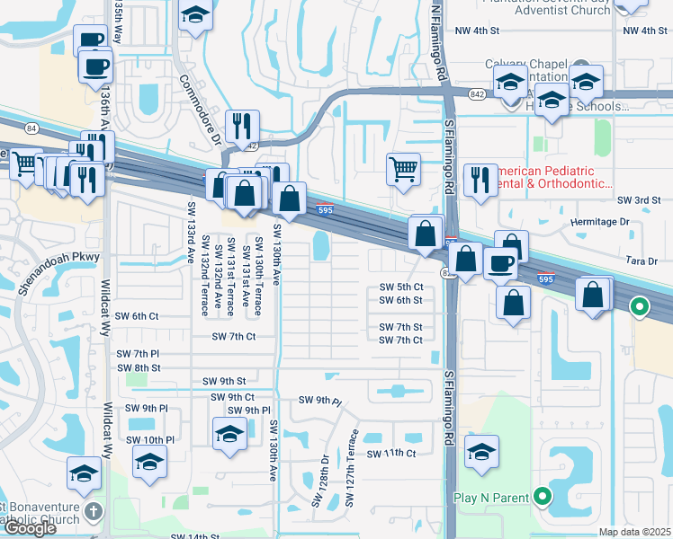 map of restaurants, bars, coffee shops, grocery stores, and more near 13 Citrus Lane in Davie
