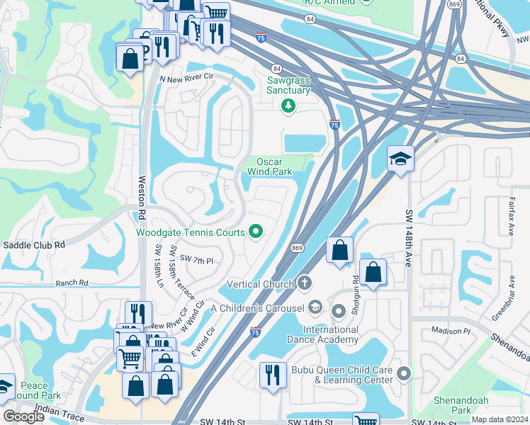 map of restaurants, bars, coffee shops, grocery stores, and more near 15718 Woodgate Place in Sunrise