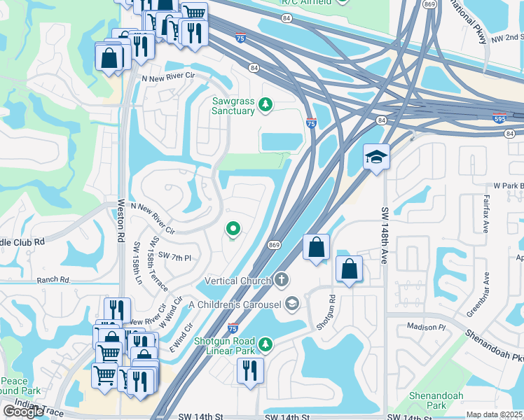 map of restaurants, bars, coffee shops, grocery stores, and more near 578 Woodgate Circle in Sunrise