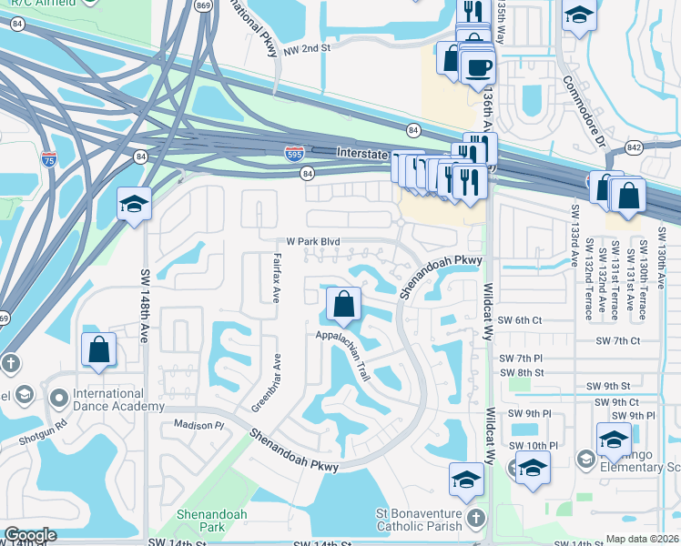 map of restaurants, bars, coffee shops, grocery stores, and more near 14041 Oak Ridge Drive in Davie