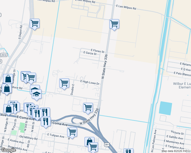 map of restaurants, bars, coffee shops, grocery stores, and more near 1300 High Lowe Drive in Hidalgo