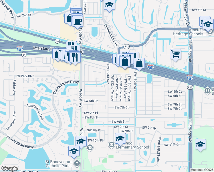 map of restaurants, bars, coffee shops, grocery stores, and more near 13310 Southwest 5th Court in Davie