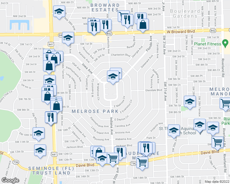 map of restaurants, bars, coffee shops, grocery stores, and more near 611 East Campus Circle in Fort Lauderdale