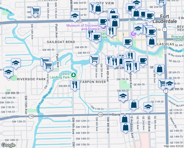 map of restaurants, bars, coffee shops, grocery stores, and more near 629 Southwest 6th Avenue in Fort Lauderdale