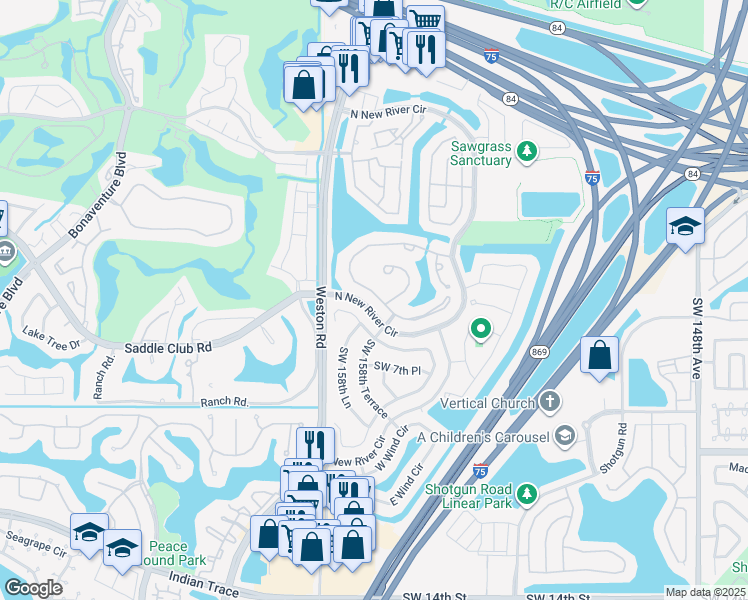 map of restaurants, bars, coffee shops, grocery stores, and more near 15901 North Wind Circle in Sunrise