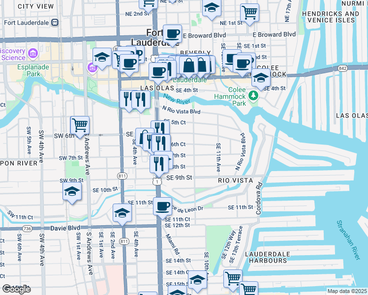 map of restaurants, bars, coffee shops, grocery stores, and more near 815 Southeast 7th Street in Fort Lauderdale