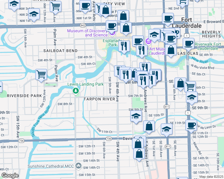 map of restaurants, bars, coffee shops, grocery stores, and more near 630 Southwest 5th Avenue in Fort Lauderdale