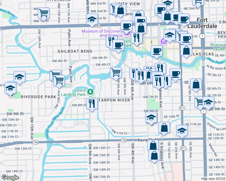 map of restaurants, bars, coffee shops, grocery stores, and more near 629 Southwest 6th Avenue in Fort Lauderdale