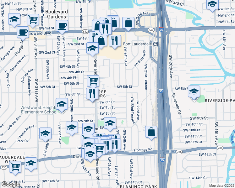 map of restaurants, bars, coffee shops, grocery stores, and more near 2511 Southwest 6th Street in Fort Lauderdale