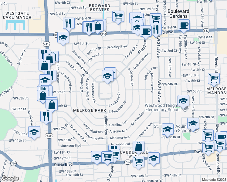 map of restaurants, bars, coffee shops, grocery stores, and more near 611 East Campus Circle in Fort Lauderdale