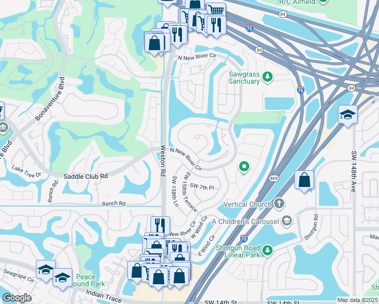 map of restaurants, bars, coffee shops, grocery stores, and more near 15901 North Wind Circle in Sunrise