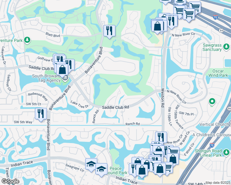 map of restaurants, bars, coffee shops, grocery stores, and more near 332 Fern Drive in Weston