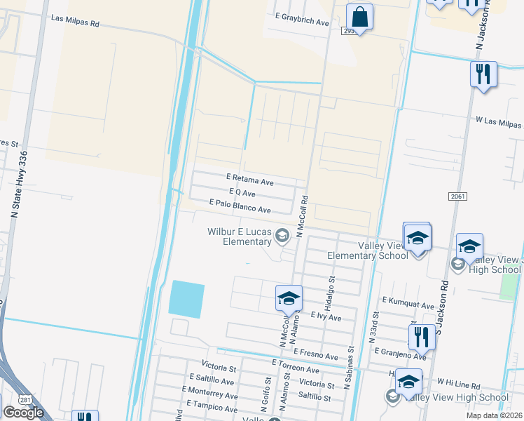 map of restaurants, bars, coffee shops, grocery stores, and more near 2514 East Palo Blanco Avenue in Hidalgo