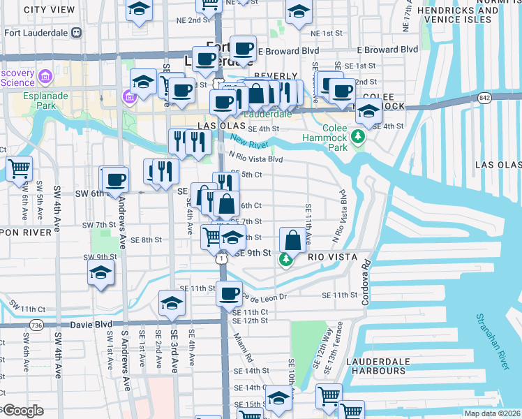 map of restaurants, bars, coffee shops, grocery stores, and more near 808 Southeast 6th Court in Fort Lauderdale