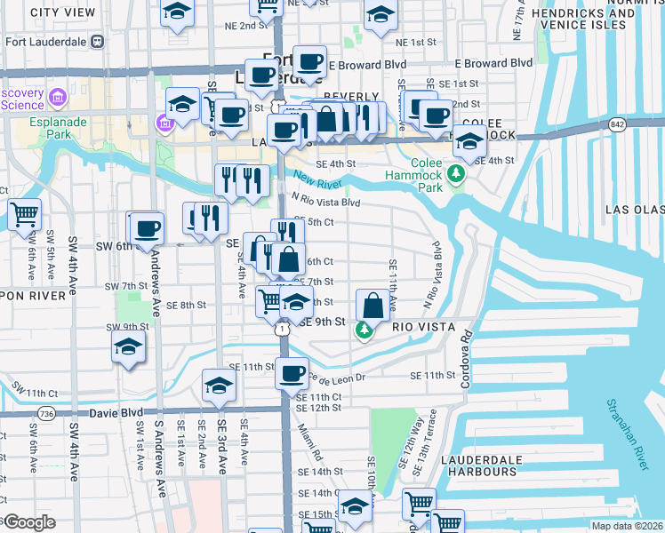 map of restaurants, bars, coffee shops, grocery stores, and more near 815 Southeast 7th Street in Fort Lauderdale