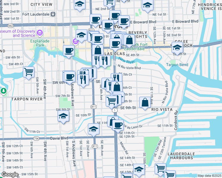 map of restaurants, bars, coffee shops, grocery stores, and more near 519 Southeast 7th Street in Fort Lauderdale