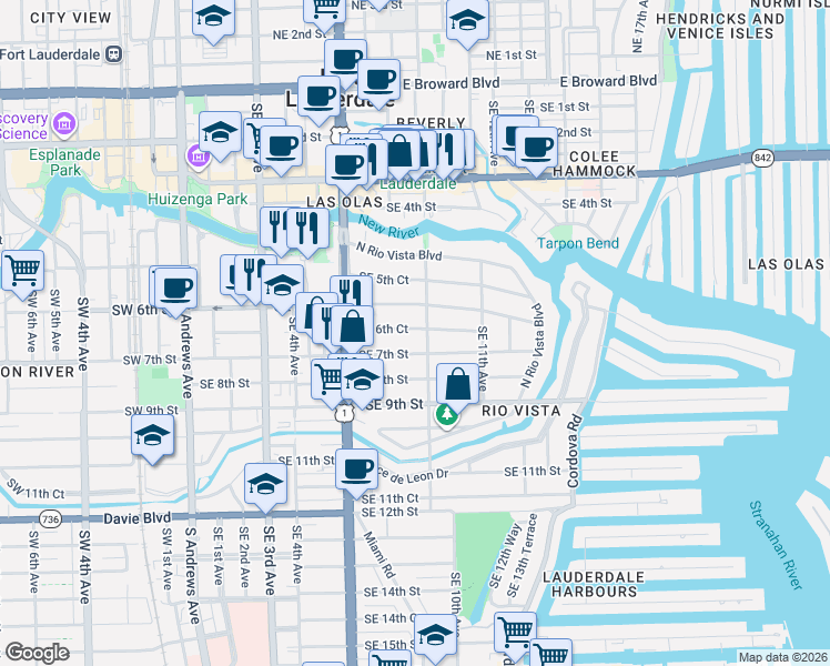 map of restaurants, bars, coffee shops, grocery stores, and more near 815 Southeast 7th Street in Fort Lauderdale