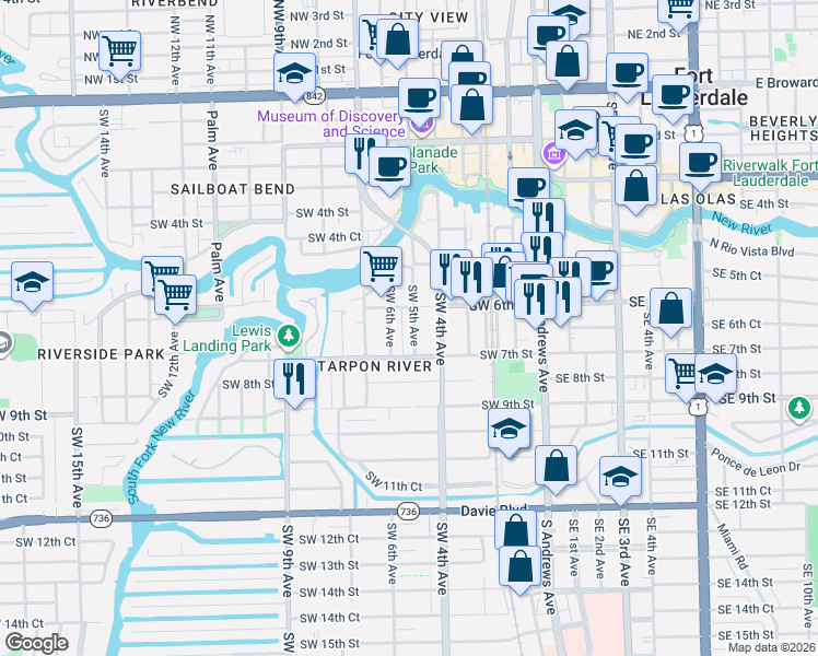 map of restaurants, bars, coffee shops, grocery stores, and more near 630 Southwest 5th Avenue in Fort Lauderdale