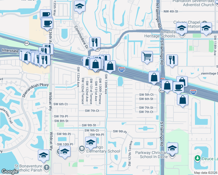map of restaurants, bars, coffee shops, grocery stores, and more near 51 Citrus Lane in Davie