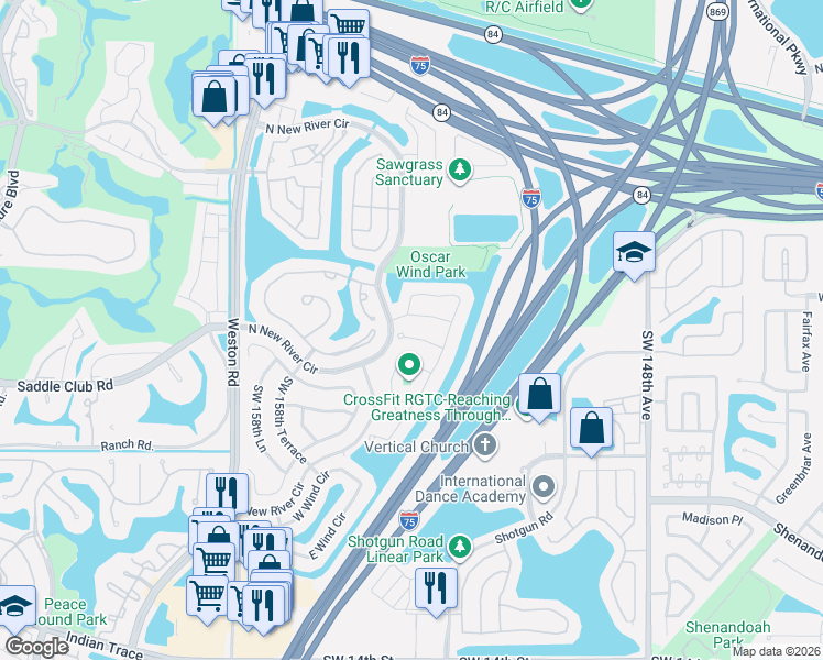 map of restaurants, bars, coffee shops, grocery stores, and more near 15718 Woodgate Place in Sunrise