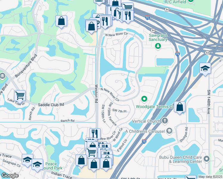 map of restaurants, bars, coffee shops, grocery stores, and more near 15901 North Wind Circle in Sunrise