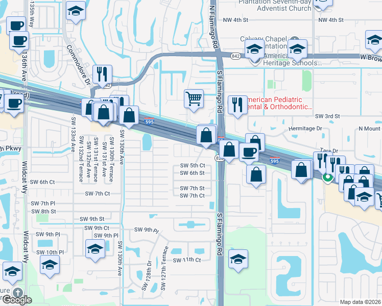 map of restaurants, bars, coffee shops, grocery stores, and more near 12510 Southwest 5th Street in Davie