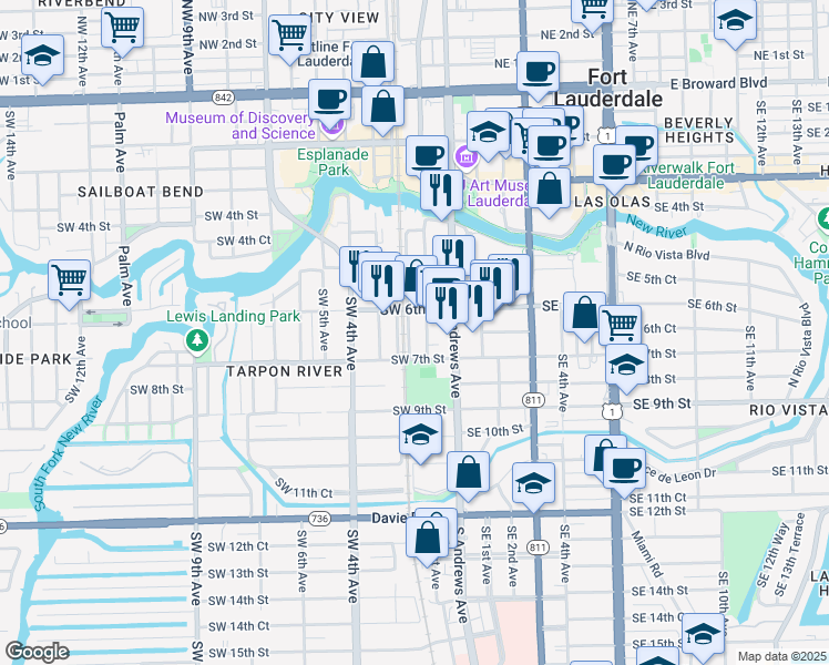 map of restaurants, bars, coffee shops, grocery stores, and more near 626 Southwest Flagler Avenue in Fort Lauderdale