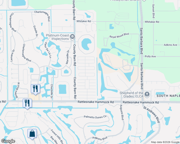 map of restaurants, bars, coffee shops, grocery stores, and more near 302 Hollywood Lane in Naples