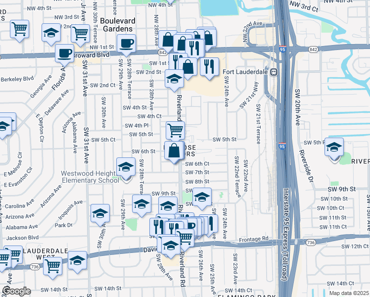 map of restaurants, bars, coffee shops, grocery stores, and more near 601 Southwest 27th Avenue in Fort Lauderdale