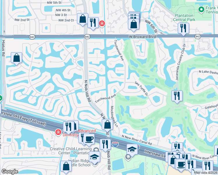map of restaurants, bars, coffee shops, grocery stores, and more near 9884 Fairway Cove Lane in Plantation
