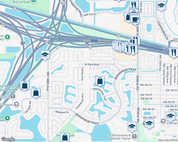 map of restaurants, bars, coffee shops, grocery stores, and more near 14150 Oak Ridge Drive in Davie