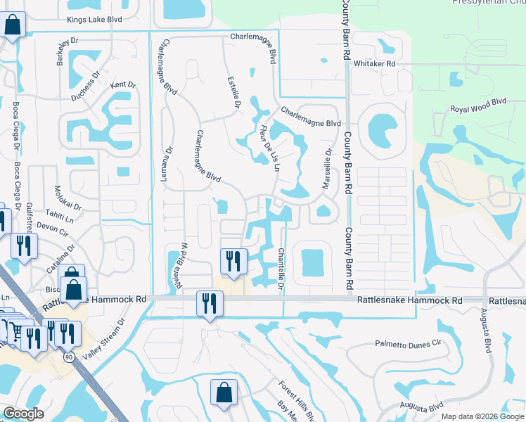 map of restaurants, bars, coffee shops, grocery stores, and more near 148 Lake Point Lane in Naples