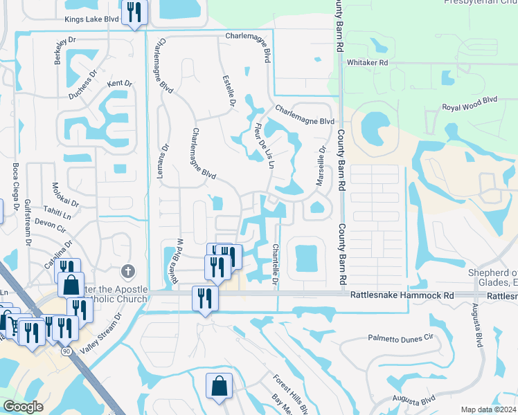 map of restaurants, bars, coffee shops, grocery stores, and more near 148 Lake Point Lane in Naples