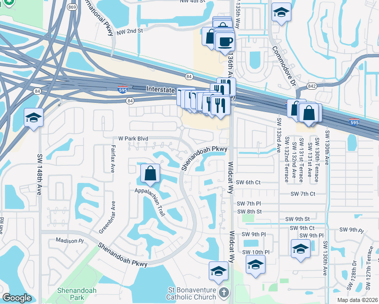 map of restaurants, bars, coffee shops, grocery stores, and more near 13855 Langley Place in Davie