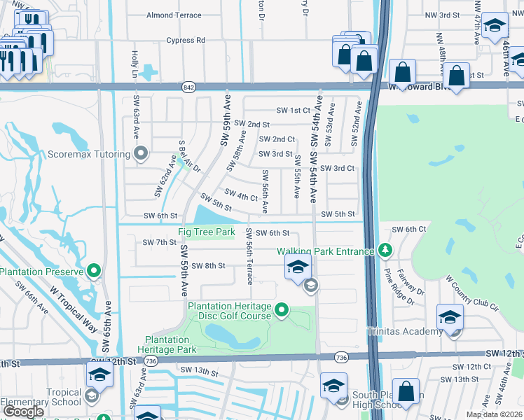 map of restaurants, bars, coffee shops, grocery stores, and more near 5601 Southwest 5th Street in Plantation