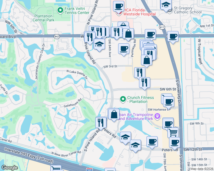 map of restaurants, bars, coffee shops, grocery stores, and more near 590 East Lake Dasha Drive in Plantation
