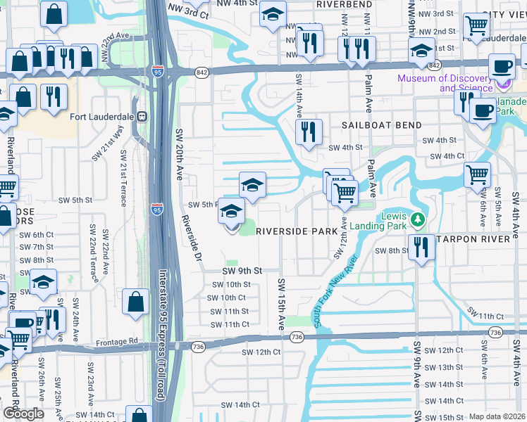 map of restaurants, bars, coffee shops, grocery stores, and more near 640 Southwest 16th Avenue in Fort Lauderdale