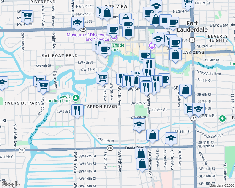 map of restaurants, bars, coffee shops, grocery stores, and more near 630 Southwest 5th Avenue in Fort Lauderdale