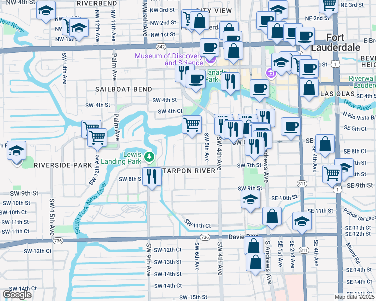 map of restaurants, bars, coffee shops, grocery stores, and more near 629 Southwest 6th Avenue in Fort Lauderdale