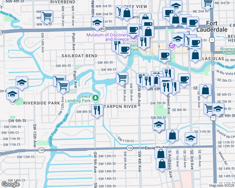 map of restaurants, bars, coffee shops, grocery stores, and more near 629 Southwest 6th Avenue in Fort Lauderdale
