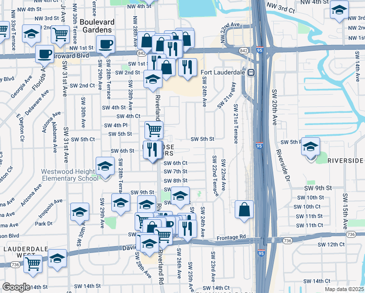map of restaurants, bars, coffee shops, grocery stores, and more near 2640 Riverland Drive in Fort Lauderdale