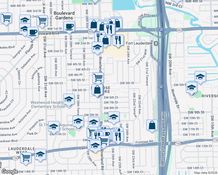 map of restaurants, bars, coffee shops, grocery stores, and more near 2640 Riverland Drive in Fort Lauderdale