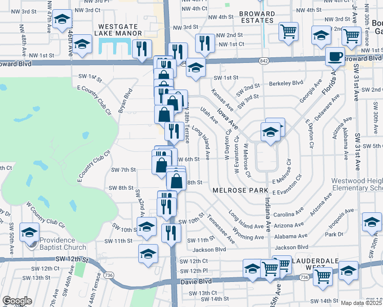 map of restaurants, bars, coffee shops, grocery stores, and more near 3820 Southwest 6th Street in Fort Lauderdale