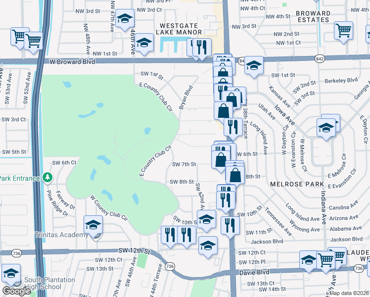 map of restaurants, bars, coffee shops, grocery stores, and more near 4221 Southwest 7th Street in Plantation