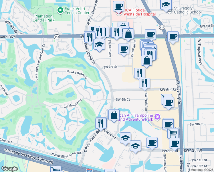 map of restaurants, bars, coffee shops, grocery stores, and more near 590 East Lake Dasha Drive in Plantation
