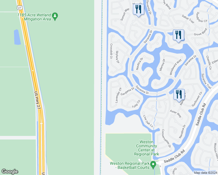 map of restaurants, bars, coffee shops, grocery stores, and more near 1002 Lavender Circle in Weston