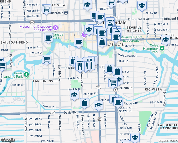map of restaurants, bars, coffee shops, grocery stores, and more near 110 Southeast 6th Street in Fort Lauderdale